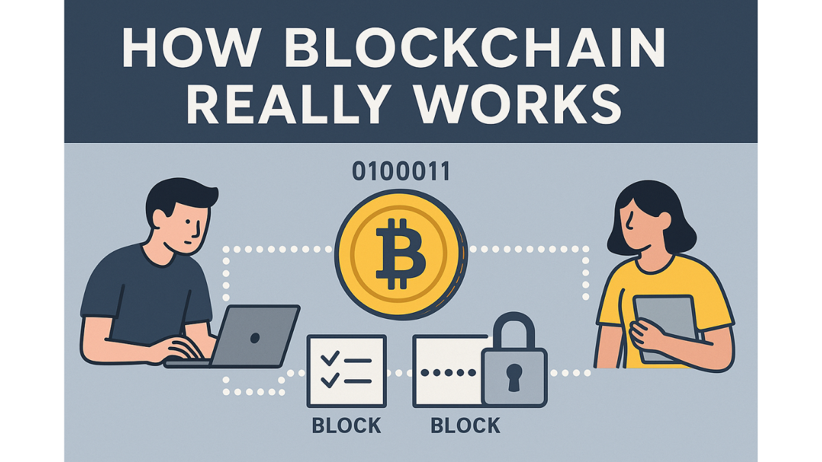 Illustration explaining how cryptocurrency mining works, showing miners validating transactions and adding blocks to the blockchain.